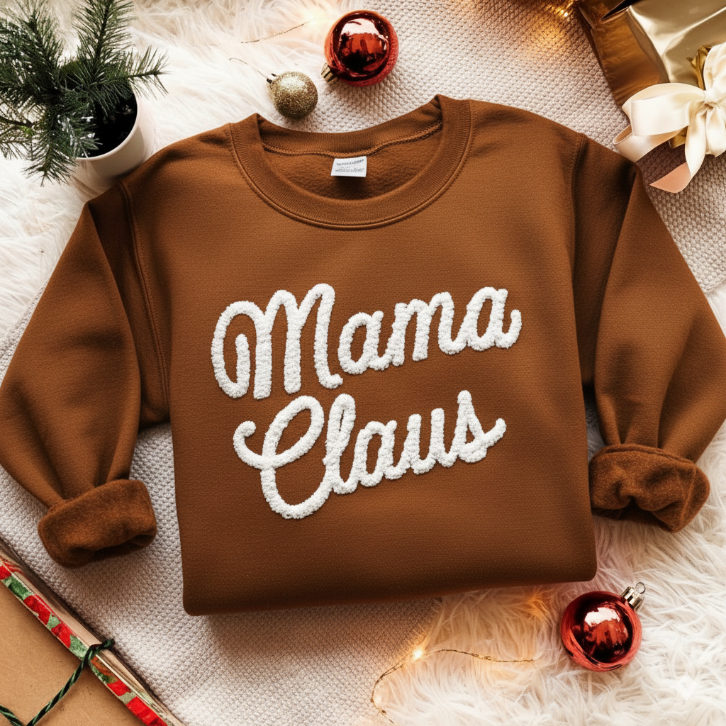 Mama Claus Chenille Yarn Embroidered Sweatshirt, Mom Embroidery Shirt, Gift for Mom, Family Matching, Christmas Gift For Mother