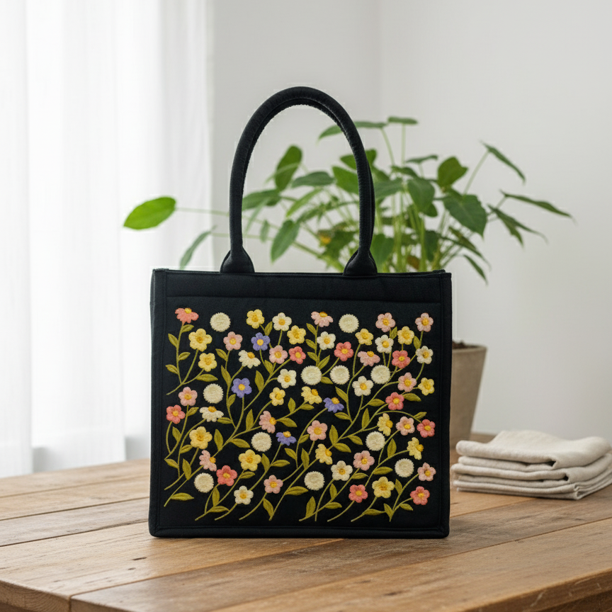 Embroidered Flower Tote Bag, Aesthetic Black Tote, Handmade Floral Handbag, Cute Everyday Purse, Boho Gift for Women