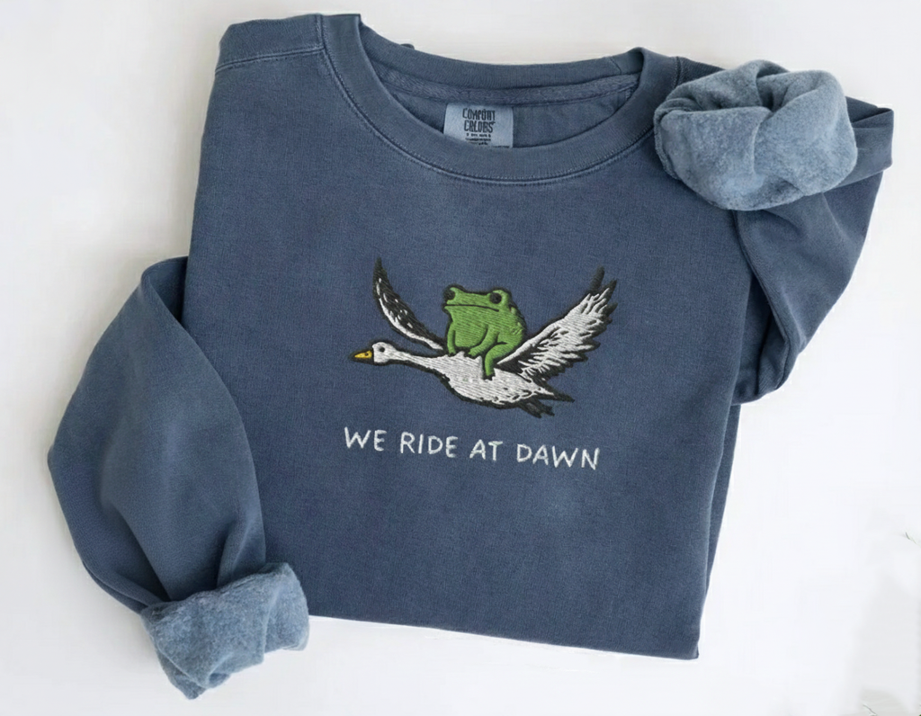 We Ride at Dawn Embroidered Sweatshirt, Frog & Goose Crewneck, Funny Medieval Gift