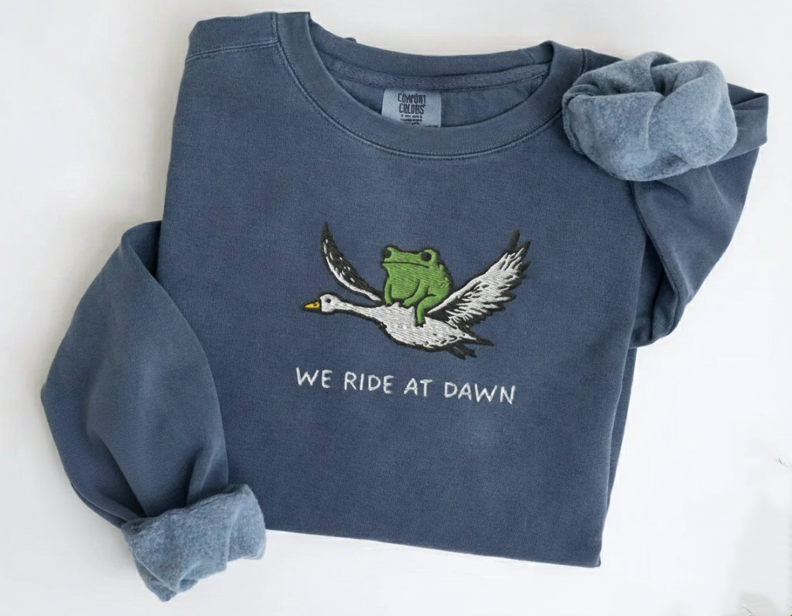 We Ride at Dawn Embroidered Sweatshirt, Frog & Goose Crewneck, Funny Medieval Gift
