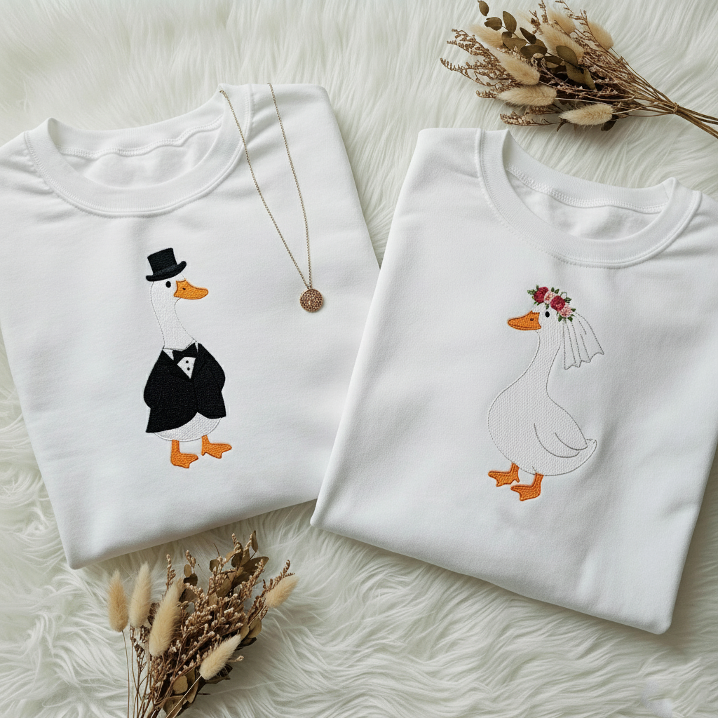 Embroidered Couple Duck Bride And Groom Sweatshirt, Gift for Bride, Bachelorette Party Gift, Wedding Anniversary Outfit, Honeymoon Shirt