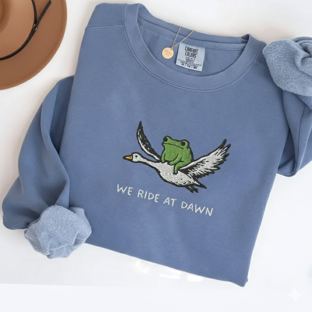 We Ride at Dawn Embroidered Sweatshirt, Frog & Goose Crewneck, Funny Medieval Gift