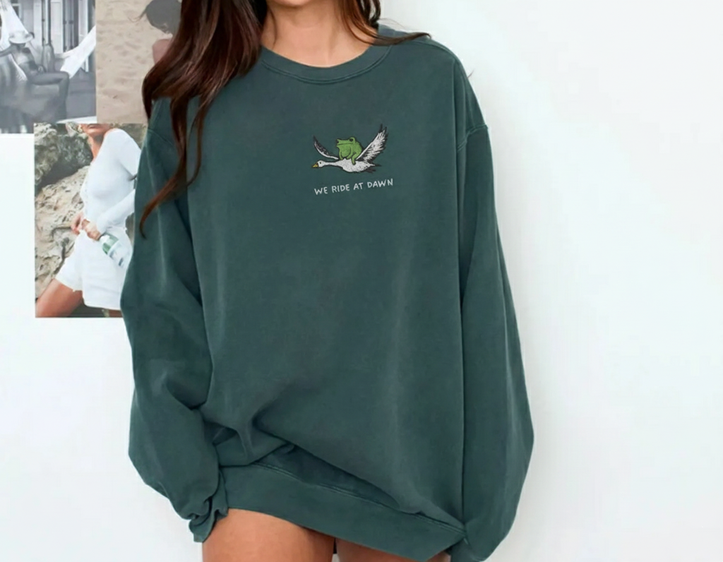 We Ride at Dawn Embroidered Sweatshirt, Frog & Goose Crewneck, Funny Medieval Gift