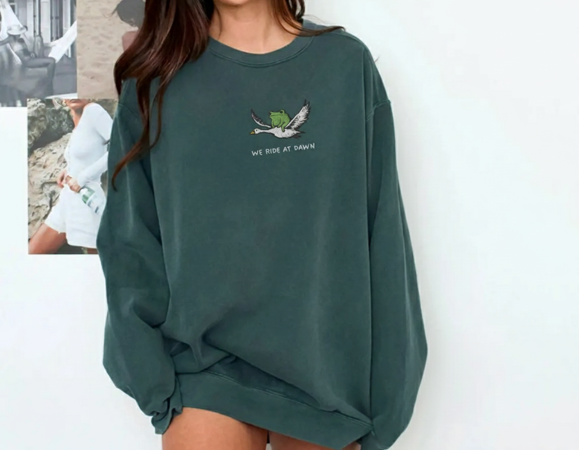 We Ride at Dawn Embroidered Sweatshirt, Frog & Goose Crewneck, Funny Medieval Gift