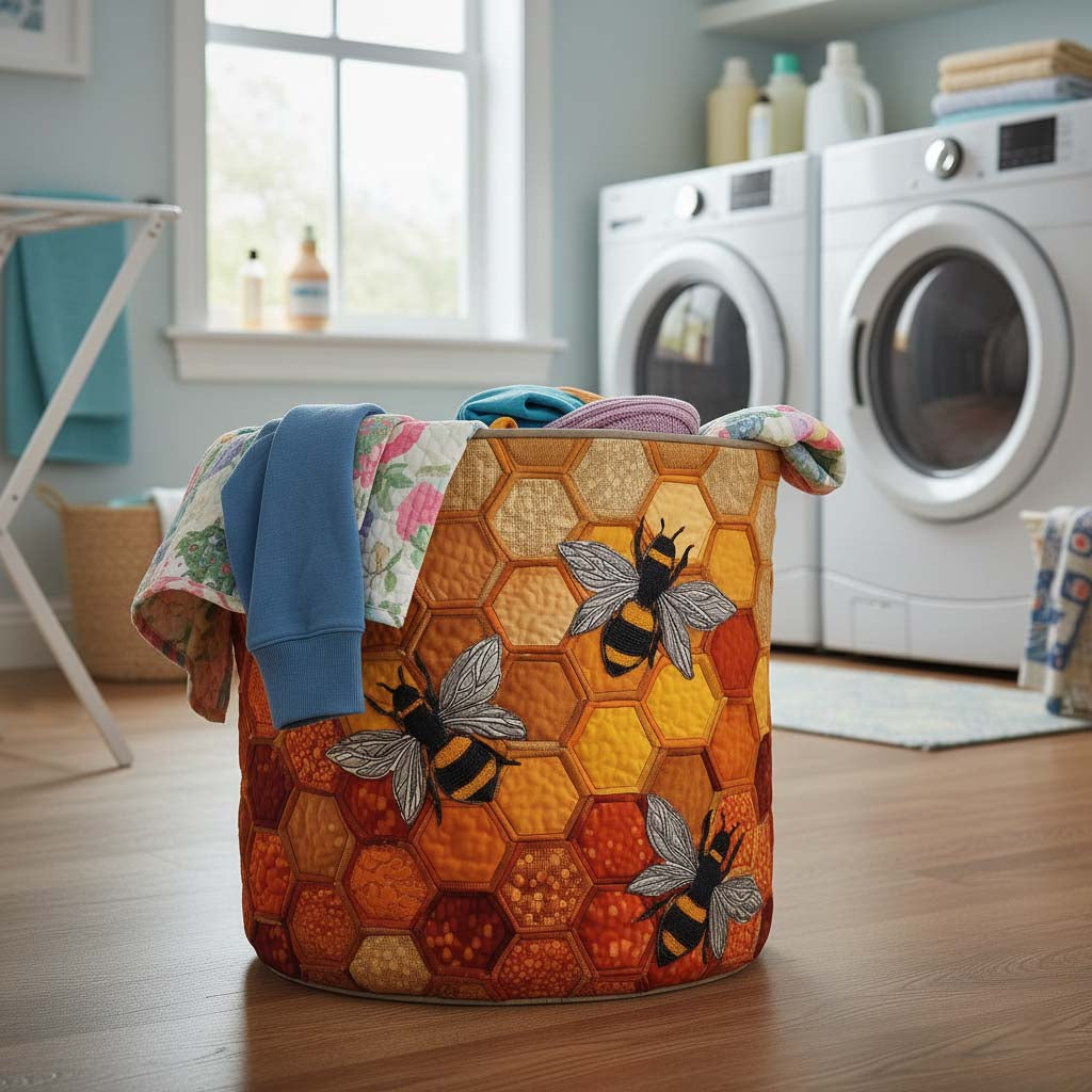 Honeycomb Pattern Quilted Laundry Basket, Bee Bumblebee Storage Hamper, Laundry Bin, Custom Name Nursery Organizer, Fabric Clothes Basket QBK17