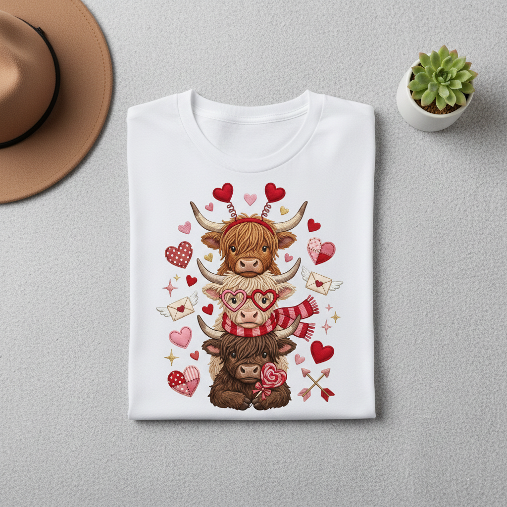 Highland Cow Embroidered Christmas Sweatshirt – Cute Holiday Farm Cow with Lights, Cozy Country Crewneck