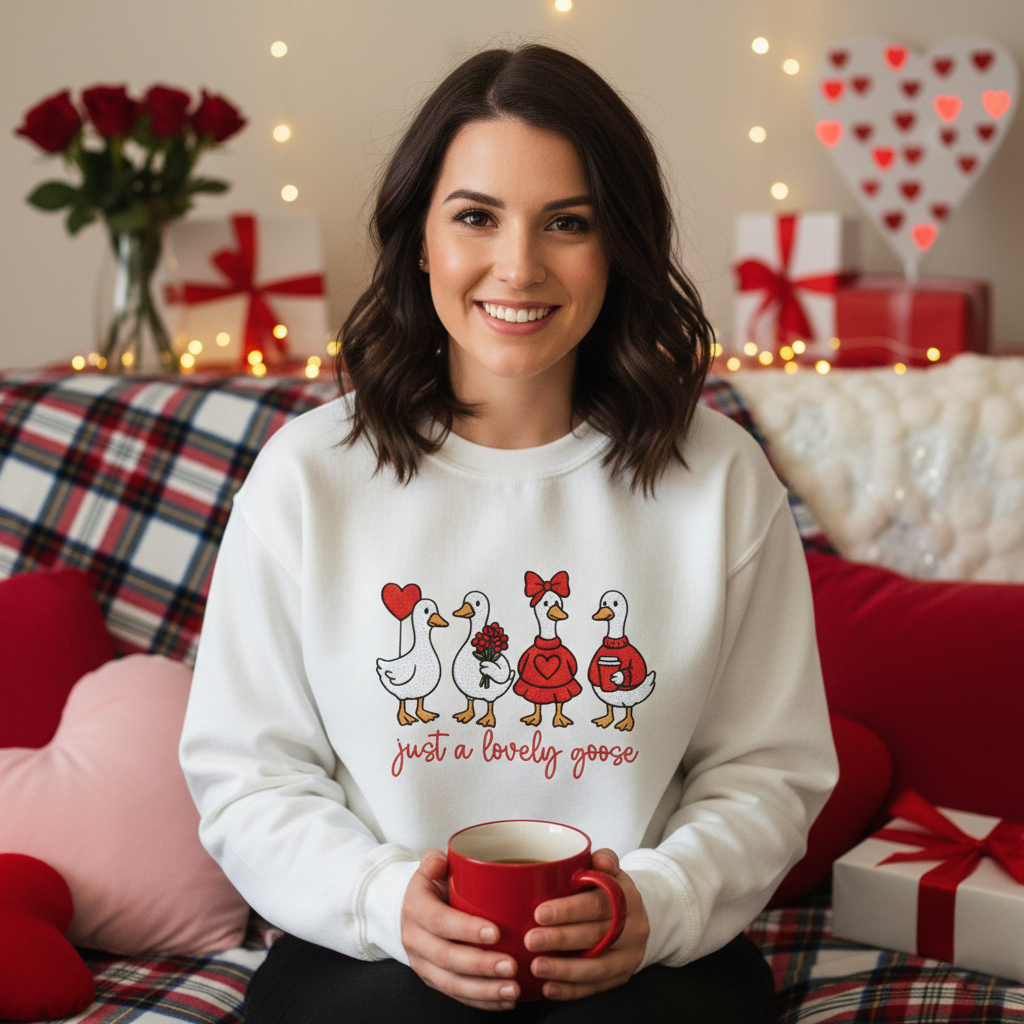 Cute Lovely Goose Coquette Embroidery Sweatshirt, Valentine Goose Duck Embroidered Shirt