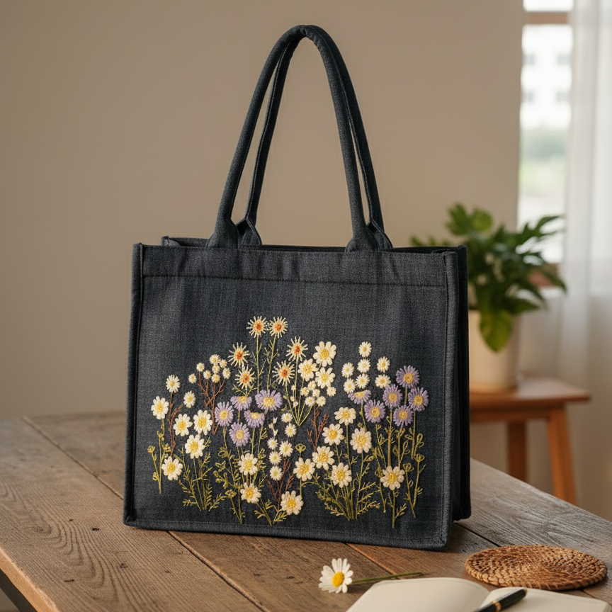 Floral Embroidered Tote Bag, Denim Shoulder Bag with Daisy Flower Design, Handmade Aesthetic Bag, Gift for Her