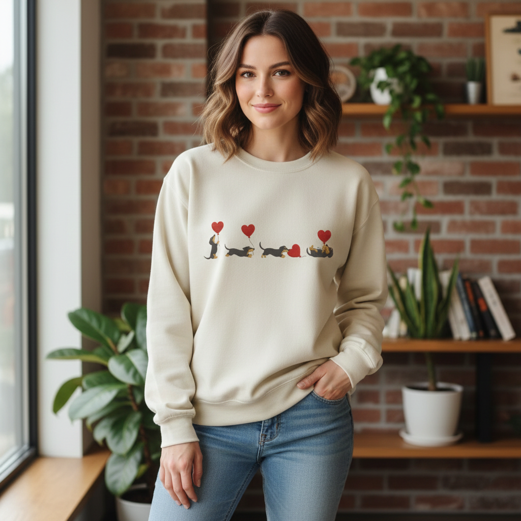 Valentine Dachshund Embroidered Sweatshirt, Heart Balloon Sausage Dog Crewneck, Dog Mom Valentine Gift
