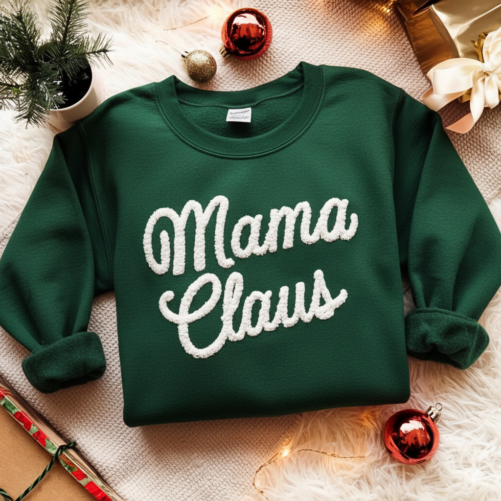 Mama Claus Chenille Yarn Embroidered Sweatshirt, Mom Embroidery Shirt, Gift for Mom, Family Matching, Christmas Gift For Mother