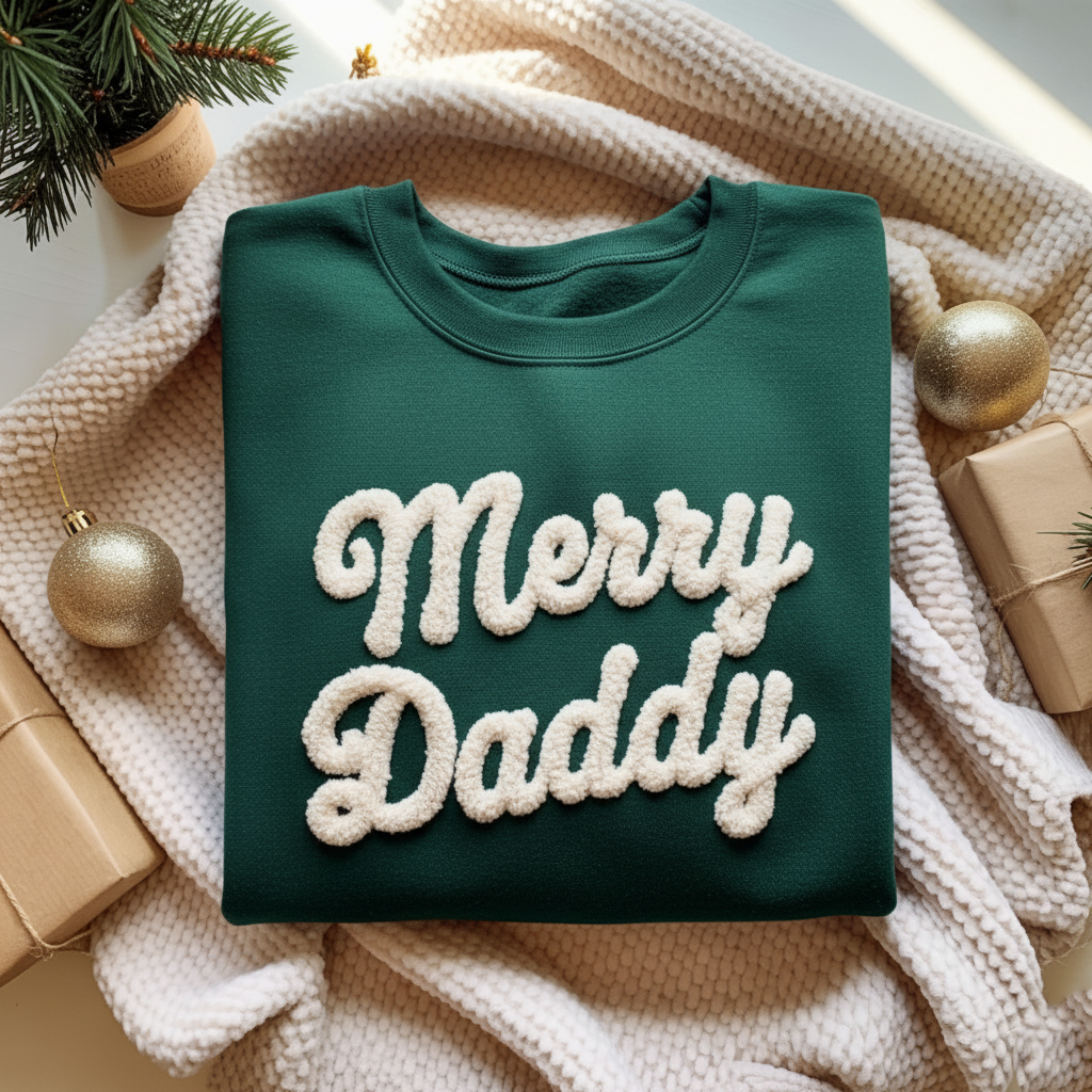 Merry Daddy Chenille Yarn Embroidered Sweatshirt, Dad Embroidery Shirt, Gift for Dad, Family Matching, Christmas Gift For Father