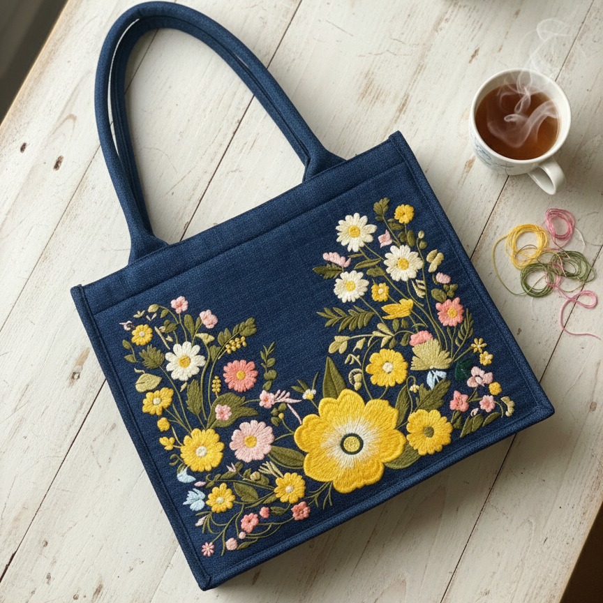 Embroidered Floral Tote Bag, Handmade Denim Shoulder Bag, Boho Flower Bag, Eco Friendly Reusable Bag, Gift for Her