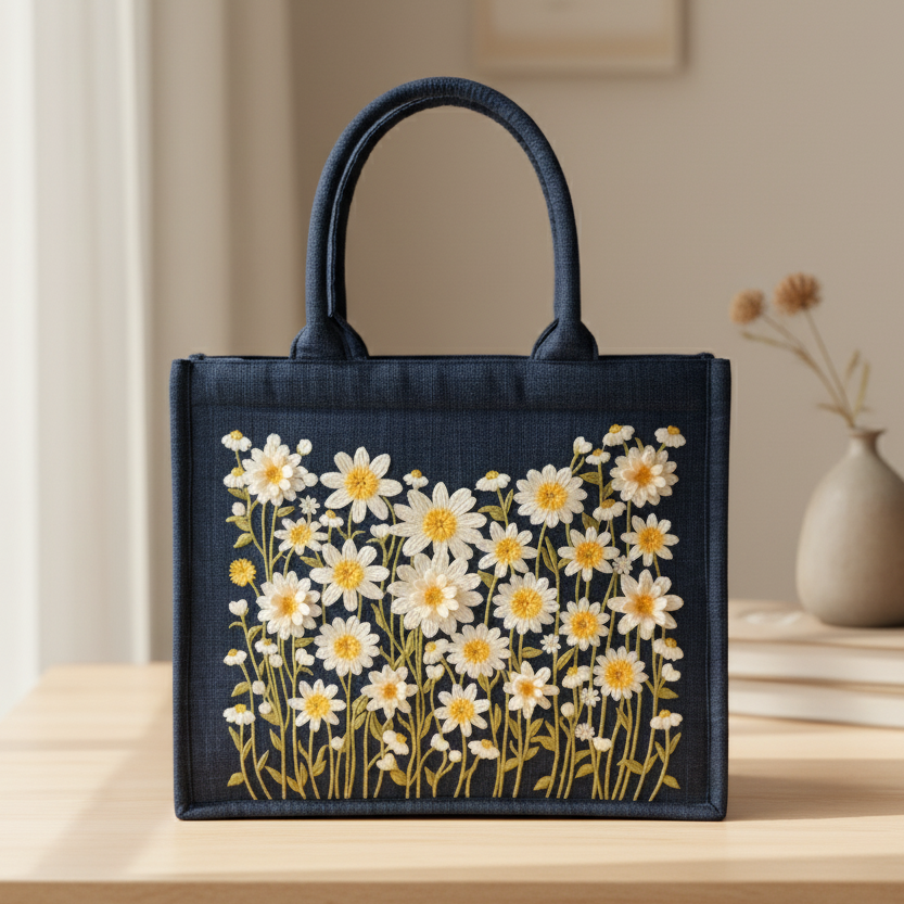 Daisy Floral Embroidered Denim Tote Bag, Handmade Flower Purse, Cottagecore Shoulder Bag, Eco Friendly Gift for Her