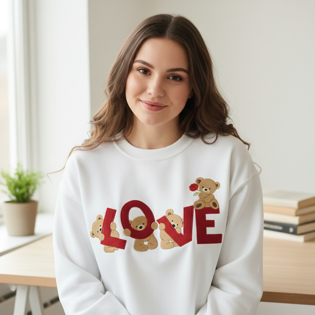 Love Bear Embroidery Sweatshirt, Cute Valentine Crewneck, Romantic Embroidered Love Sweatshirt