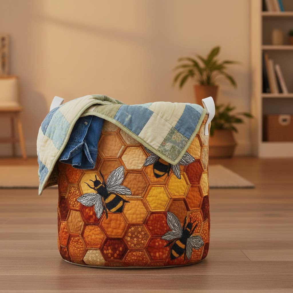 Honeycomb Pattern Quilted Laundry Basket, Bee Bumblebee Storage Hamper, Laundry Bin, Custom Name Nursery Organizer, Fabric Clothes Basket QBK17