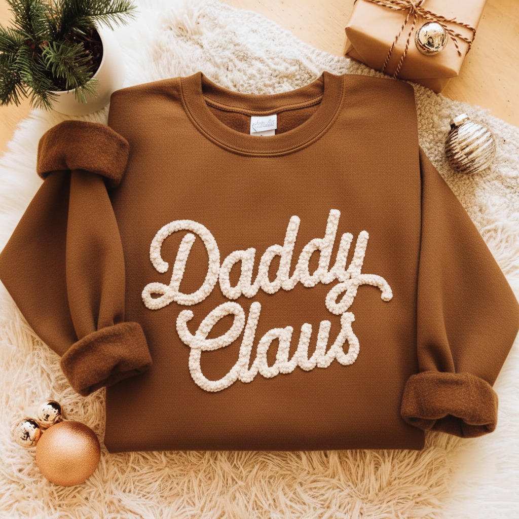 Daddy Claus Chenille Yarn Embroidered Sweatshirt, Dad Embroidery Shirt, Gift for Dad, Family Matching, Christmas Gift For Father