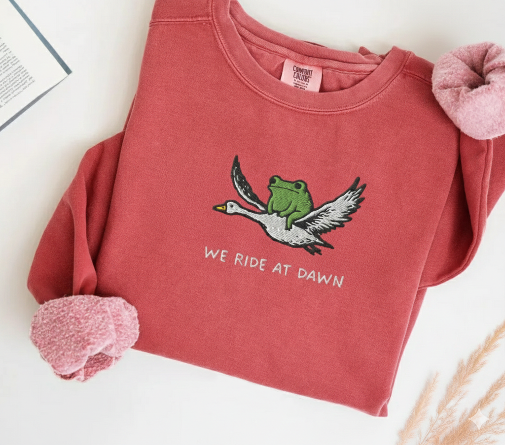 We Ride at Dawn Embroidered Sweatshirt, Frog & Goose Crewneck, Funny Medieval Gift