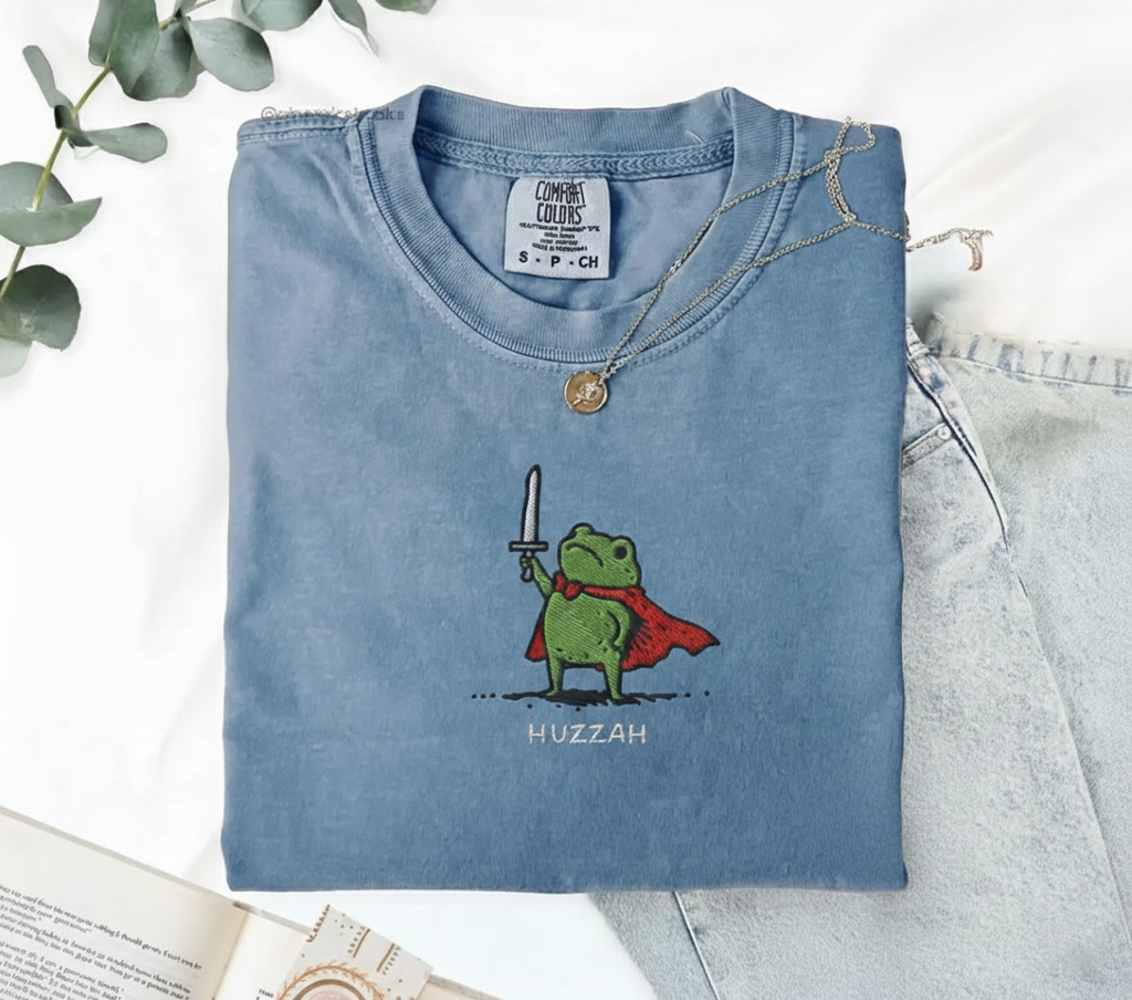 Huzzah Frog with Sword Tee, Embroidered Medieval Frog Shirt, Funny DnD Renaissance Gift