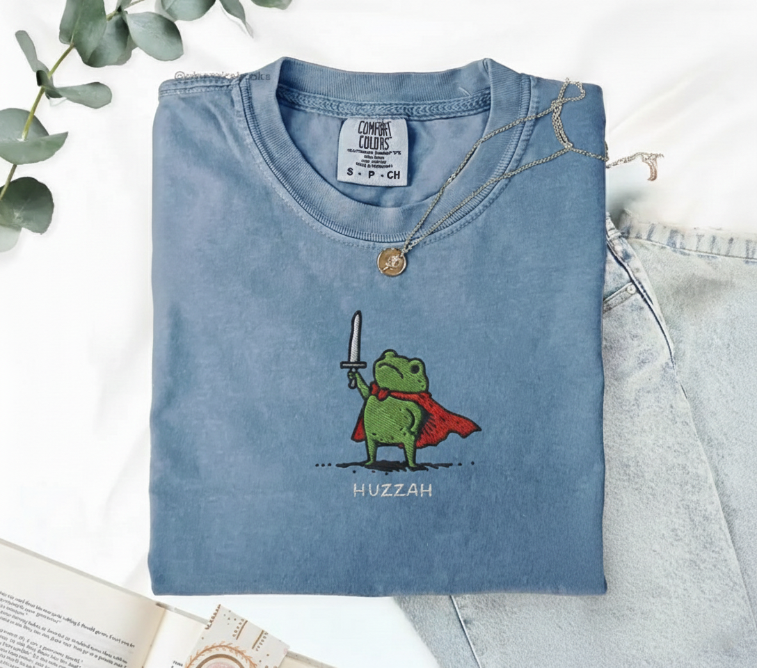 Huzzah Frog with Sword Tee, Embroidered Medieval Frog Shirt, Funny DnD Renaissance Gift