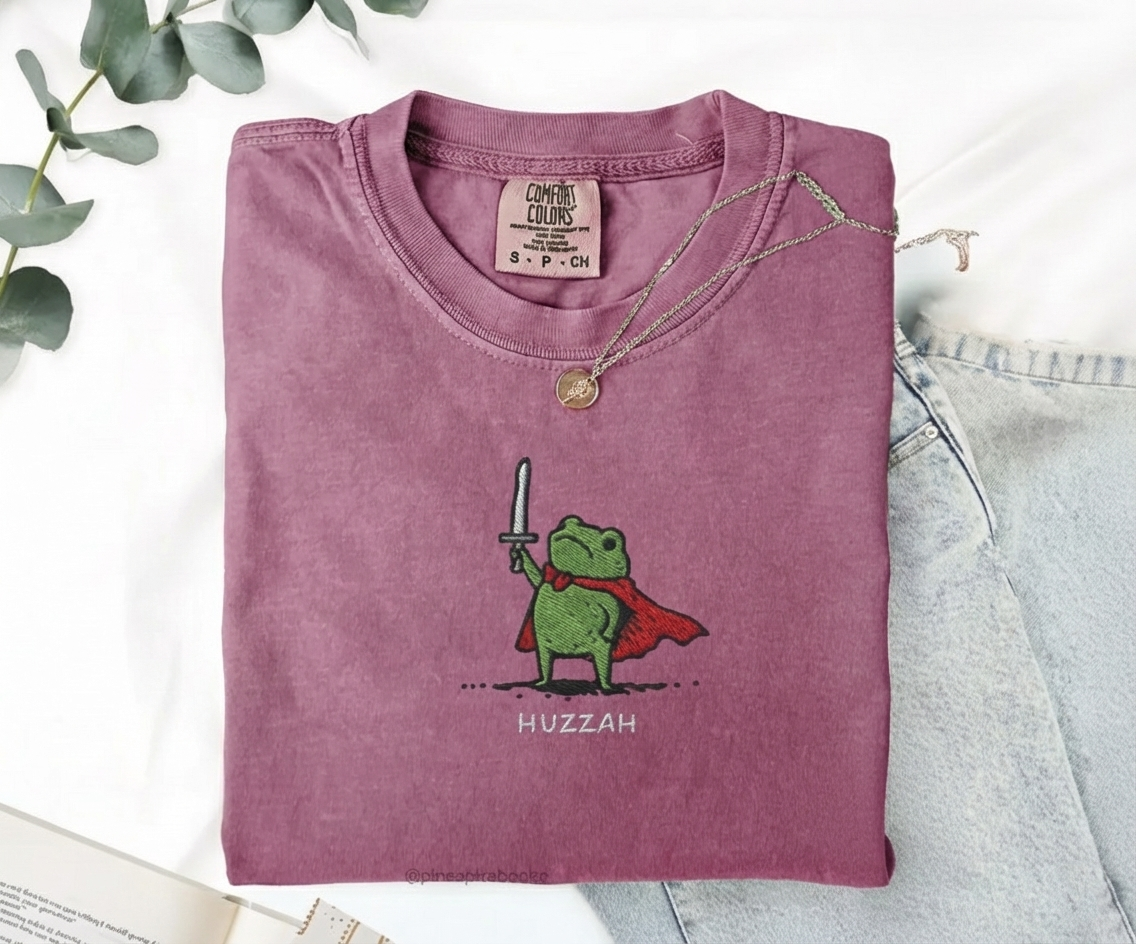 Huzzah Frog with Sword Tee, Embroidered Medieval Frog Shirt, Funny DnD Renaissance Gift