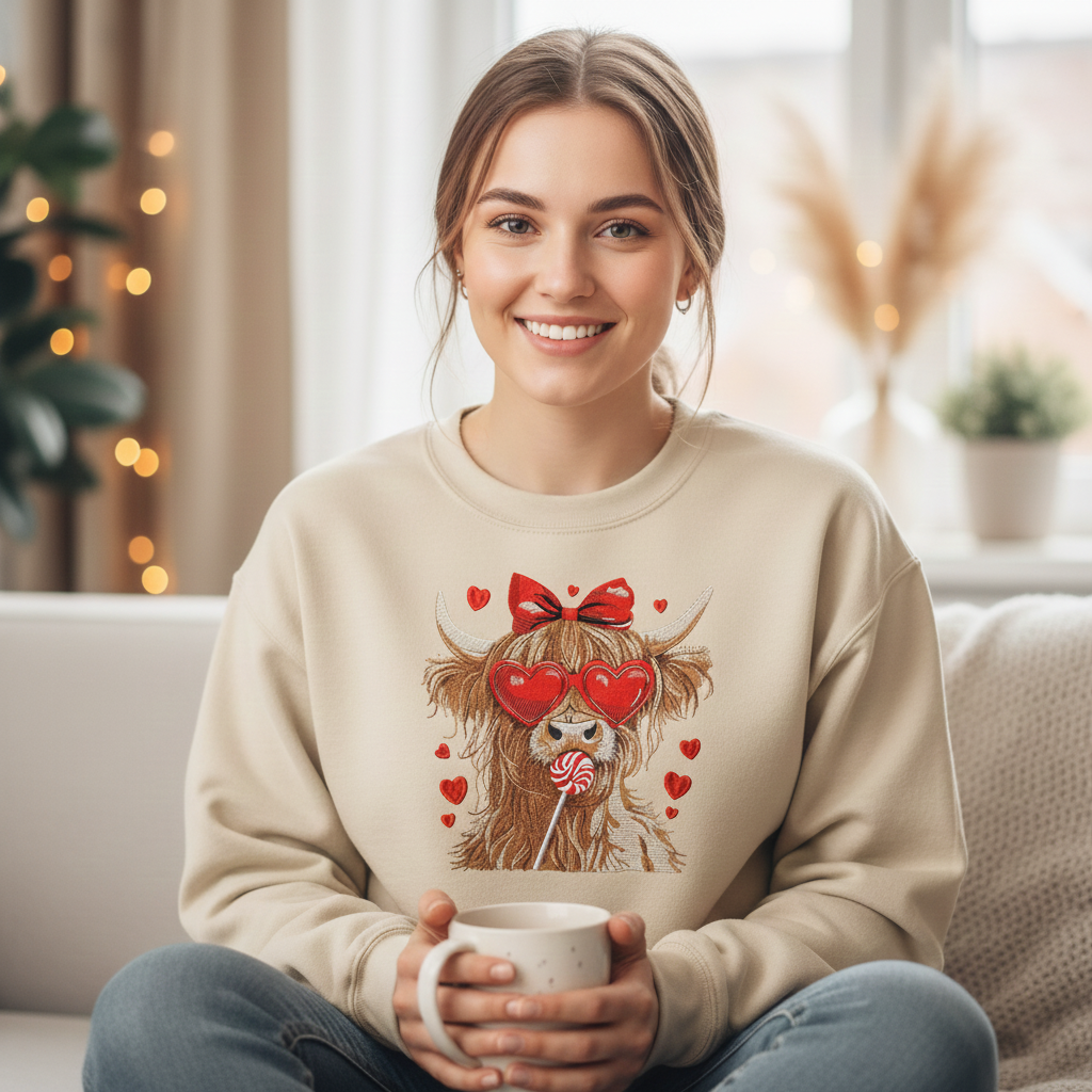 Highland Cow Embroidered Sweatshirt, Valentine Coquette Crewneck, Retro Heart Valentine Sweatshirt