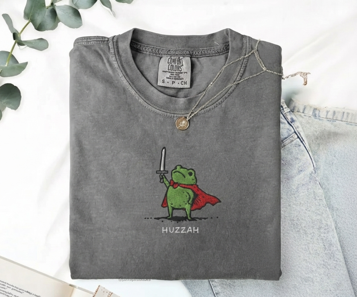 Huzzah Frog with Sword Tee, Embroidered Medieval Frog Shirt, Funny DnD Renaissance Gift