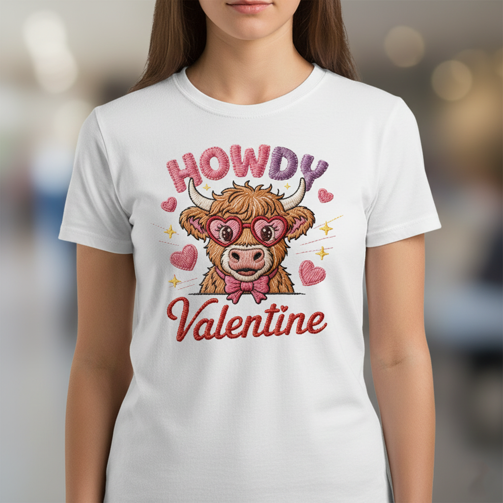 Highland Cow Embroidered Sweatshirt – Cute Holiday Farm Cow Lights Sweater, Cozy Country Gift