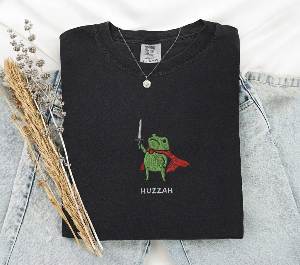 Huzzah Frog with Sword Tee, Embroidered Medieval Frog Shirt, Funny DnD Renaissance Gift