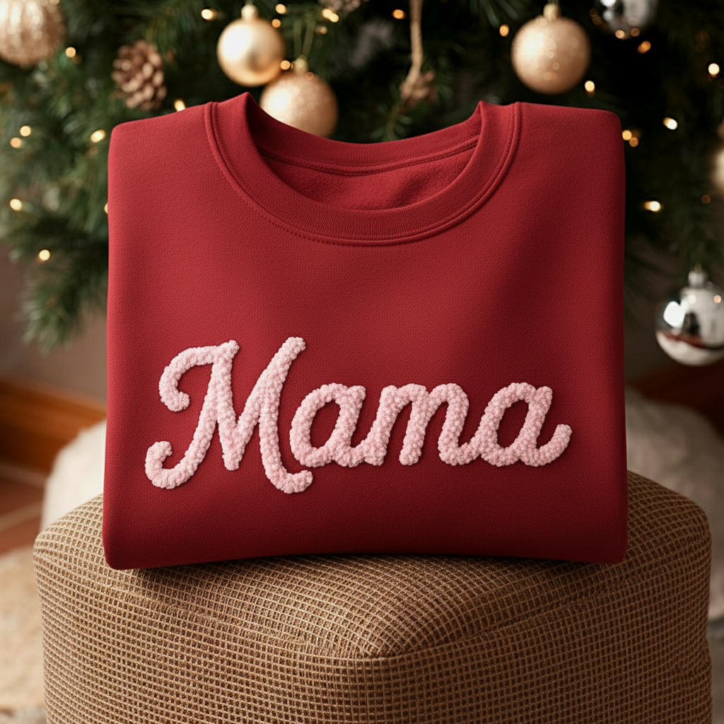 Mama Chenille Yarn Embroidered Sweatshirt, Mom Embroidery Shirt, Gift for Mom, Family Matching, Christmas Gift For Mother