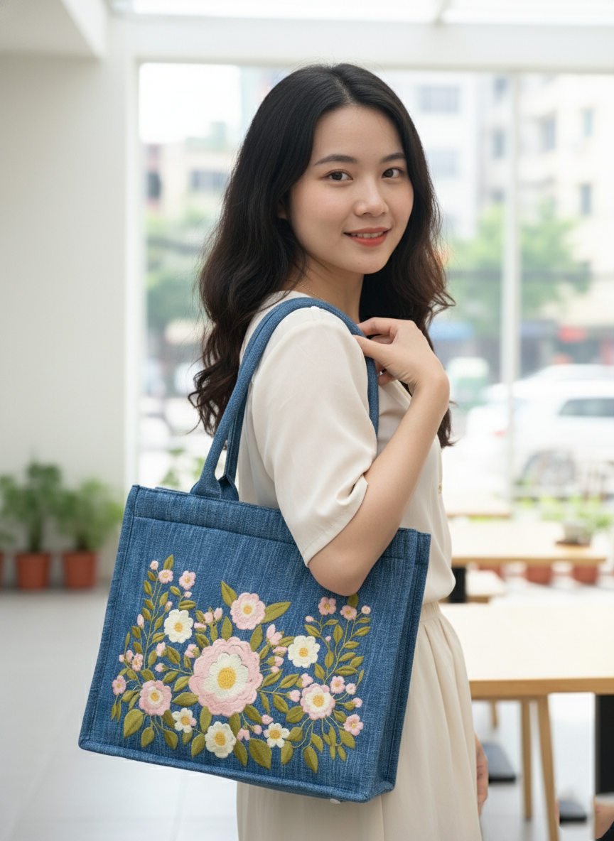 Floral Embroidered Denim Tote Bag, Handmade Pastel Flower Bag, Cottagecore Shoulder Purse, Eco Friendly Gift for Her