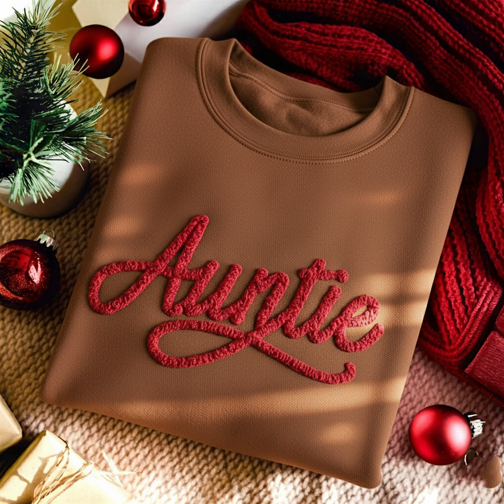 Auntie Chenille Embroidered Sweatshirt, Cozy Pink Pullover, Christmas Aunt Gift, Family Matching Holiday Sweater