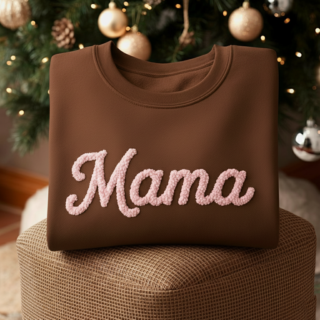 Mama Chenille Yarn Embroidered Sweatshirt, Mom Embroidery Shirt, Gift for Mom, Family Matching, Christmas Gift For Mother