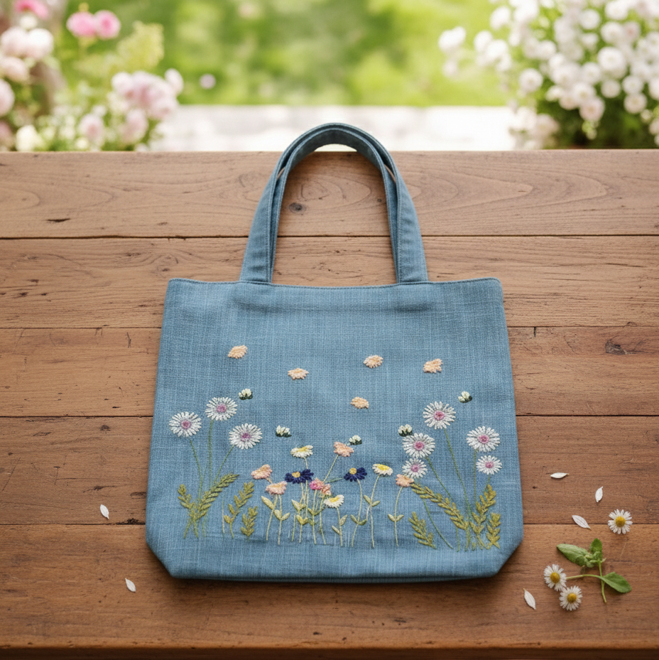 Wildflower Embroidered Tote Bag, Blue Denim Shoulder Bag, Aesthetic Boho Gift, Handmade Purse