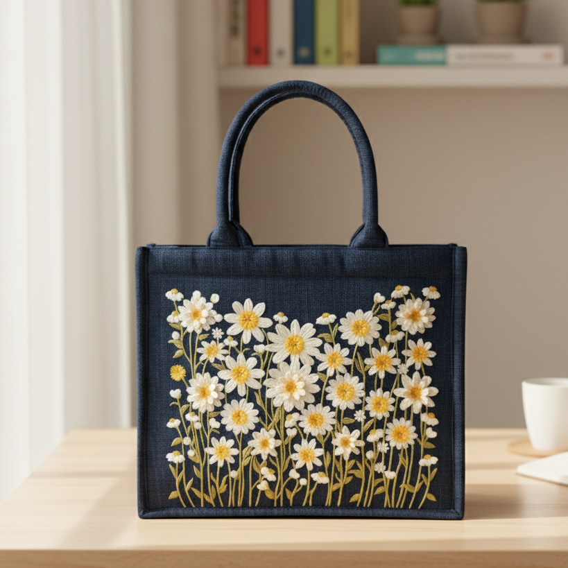 Daisy Floral Embroidered Denim Tote Bag, Handmade Flower Purse, Cottagecore Shoulder Bag, Eco Friendly Gift for Her