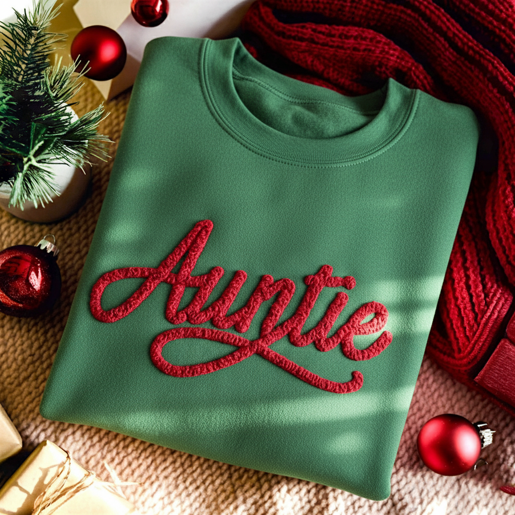 Auntie Chenille Embroidered Sweatshirt, Cozy Pink Pullover, Christmas Aunt Gift, Family Matching Holiday Sweater