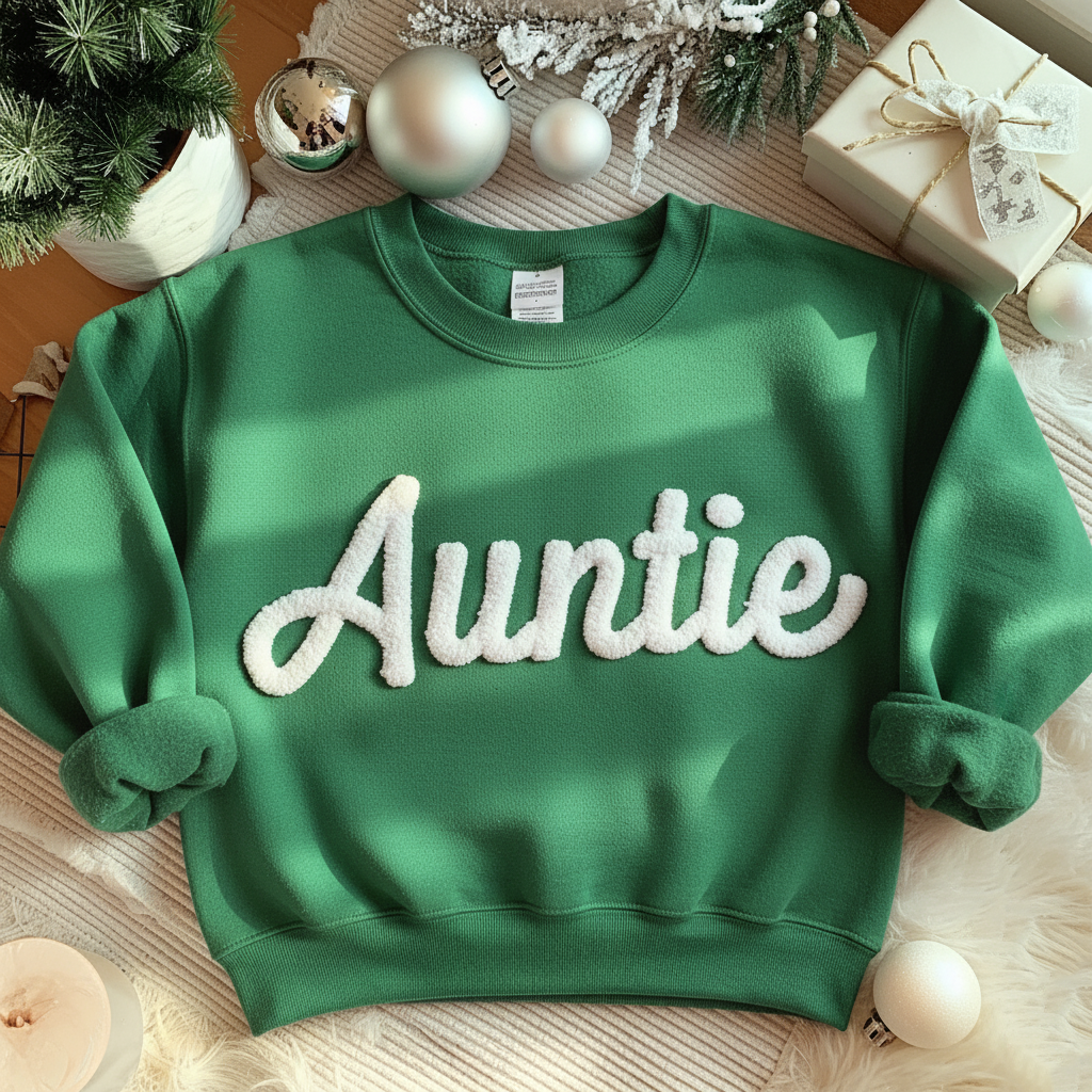 Auntie Chenille Yarn Embroidered Sweatshirt, Xmas Embroidery Shirt, Gift for Aunt, Family Matching, Christmas Gift For Aunty