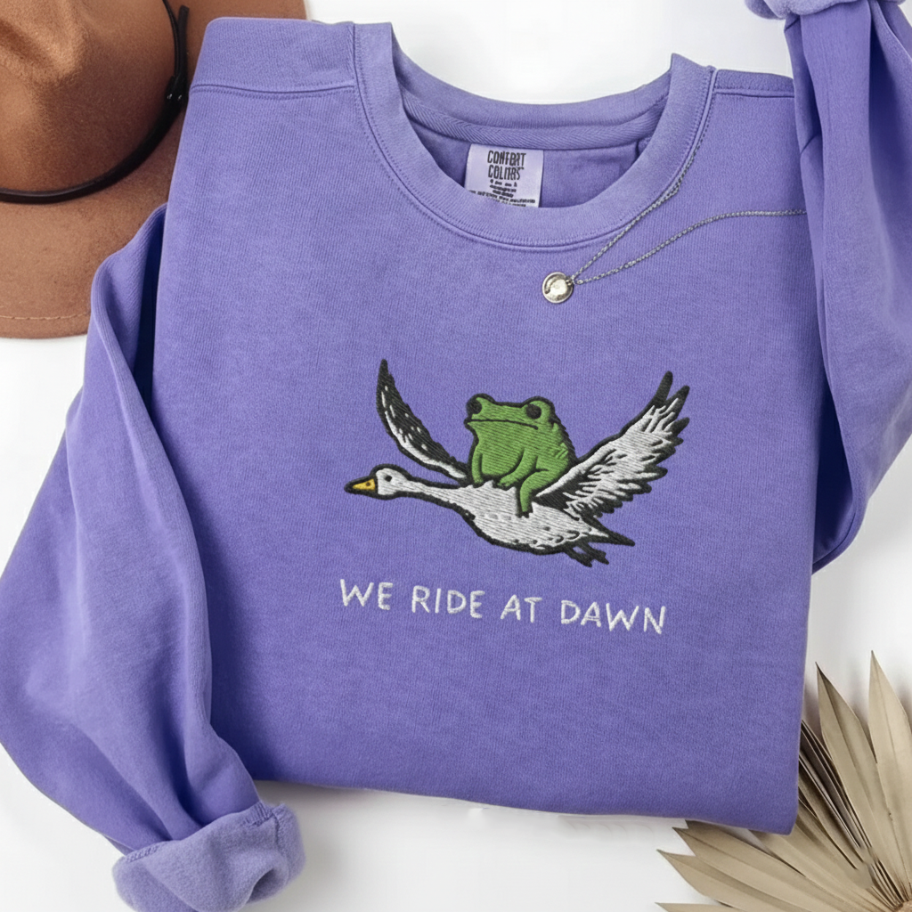 We Ride at Dawn Embroidered Sweatshirt, Frog & Goose Crewneck, Funny Medieval Gift