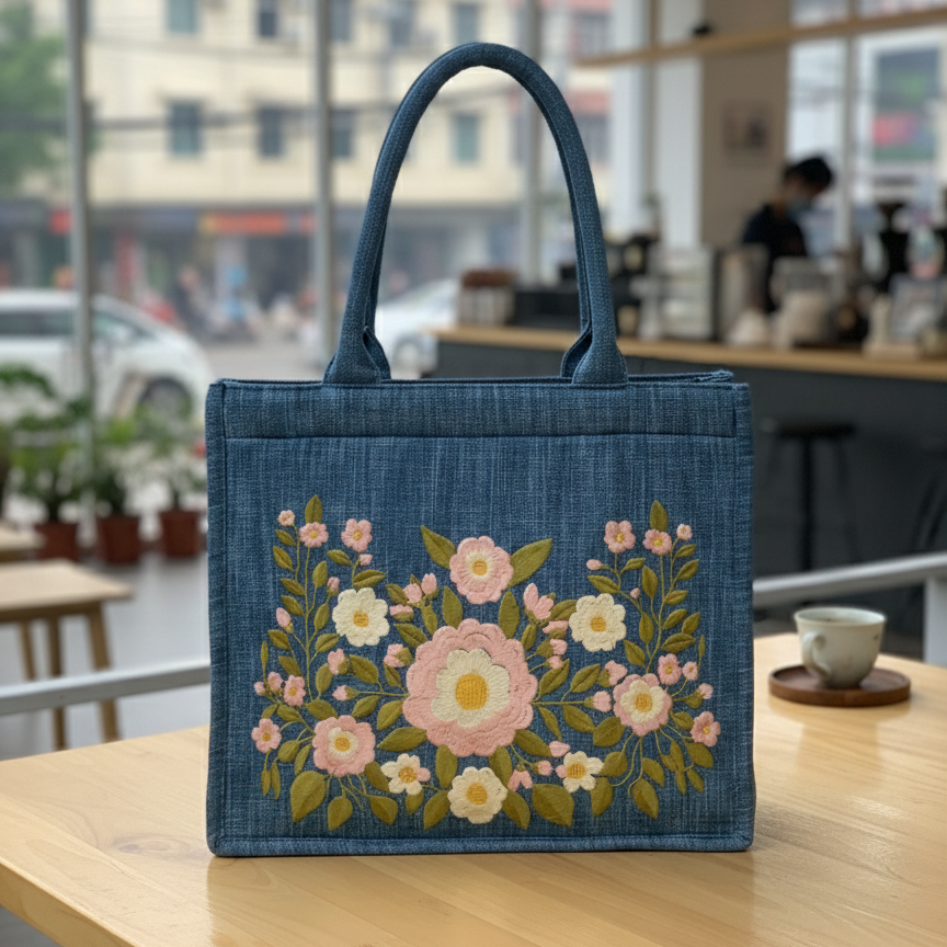 Floral Embroidered Denim Tote Bag, Handmade Pastel Flower Bag, Cottagecore Shoulder Purse, Eco Friendly Gift for Her