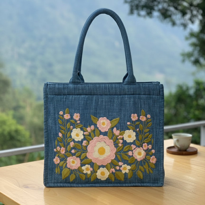 Floral Embroidered Denim Tote Bag, Handmade Pastel Flower Bag, Cottagecore Shoulder Purse, Eco Friendly Gift for Her
