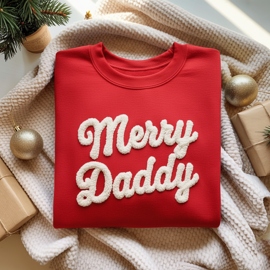 Merry Daddy Chenille Yarn Embroidered Sweatshirt, Dad Embroidery Shirt, Gift for Dad, Family Matching, Christmas Gift For Father