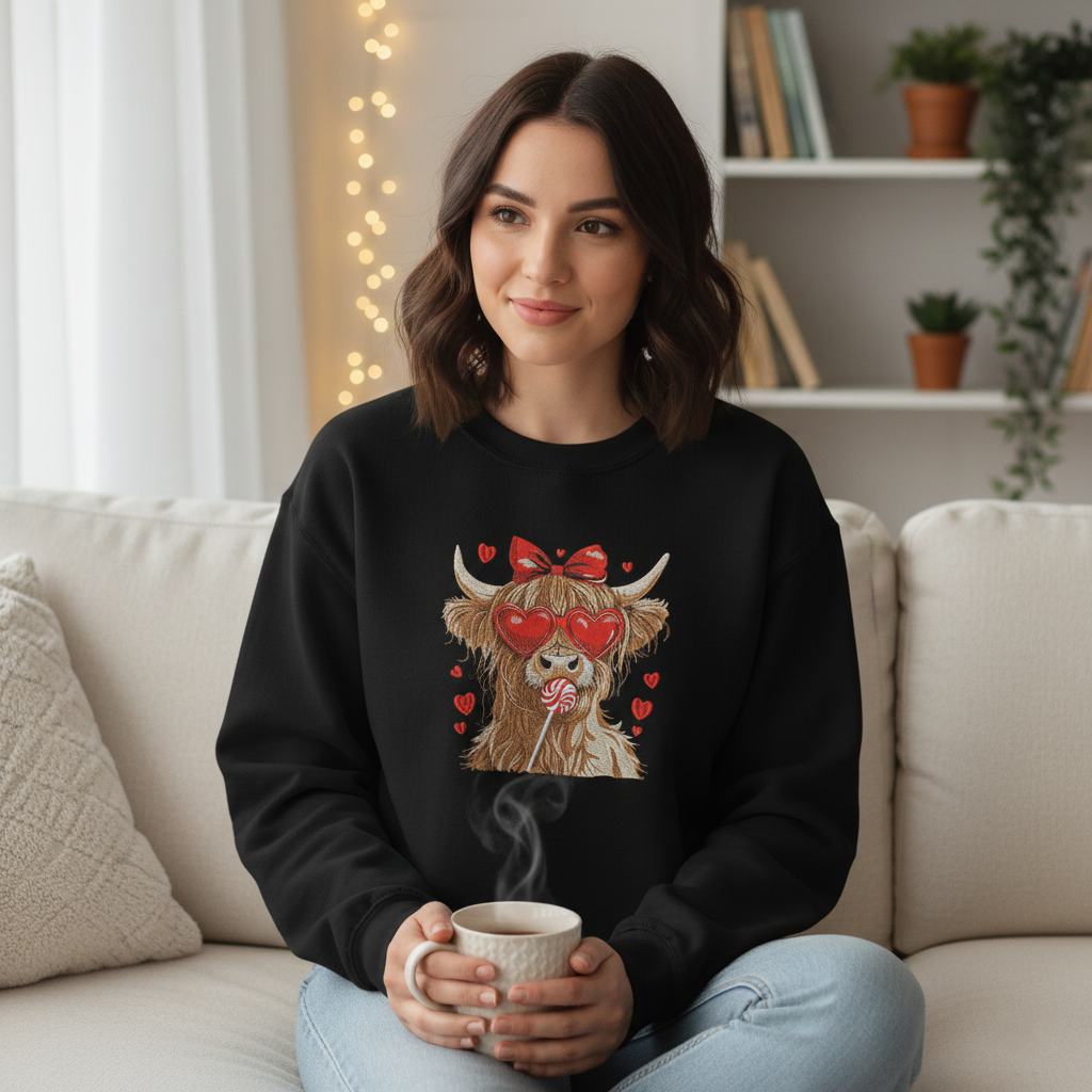 Highland Cow Embroidered Sweatshirt, Valentine Coquette Crewneck, Retro Heart Valentine Sweatshirt