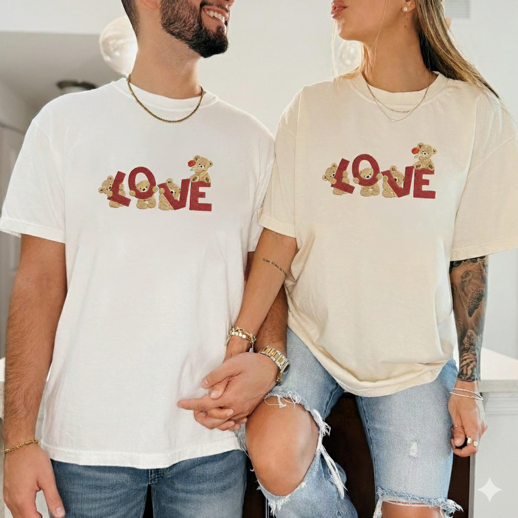 Love Bear Embroidery Sweatshirt, Cute Valentine Crewneck, Romantic Embroidered Love Sweatshirt
