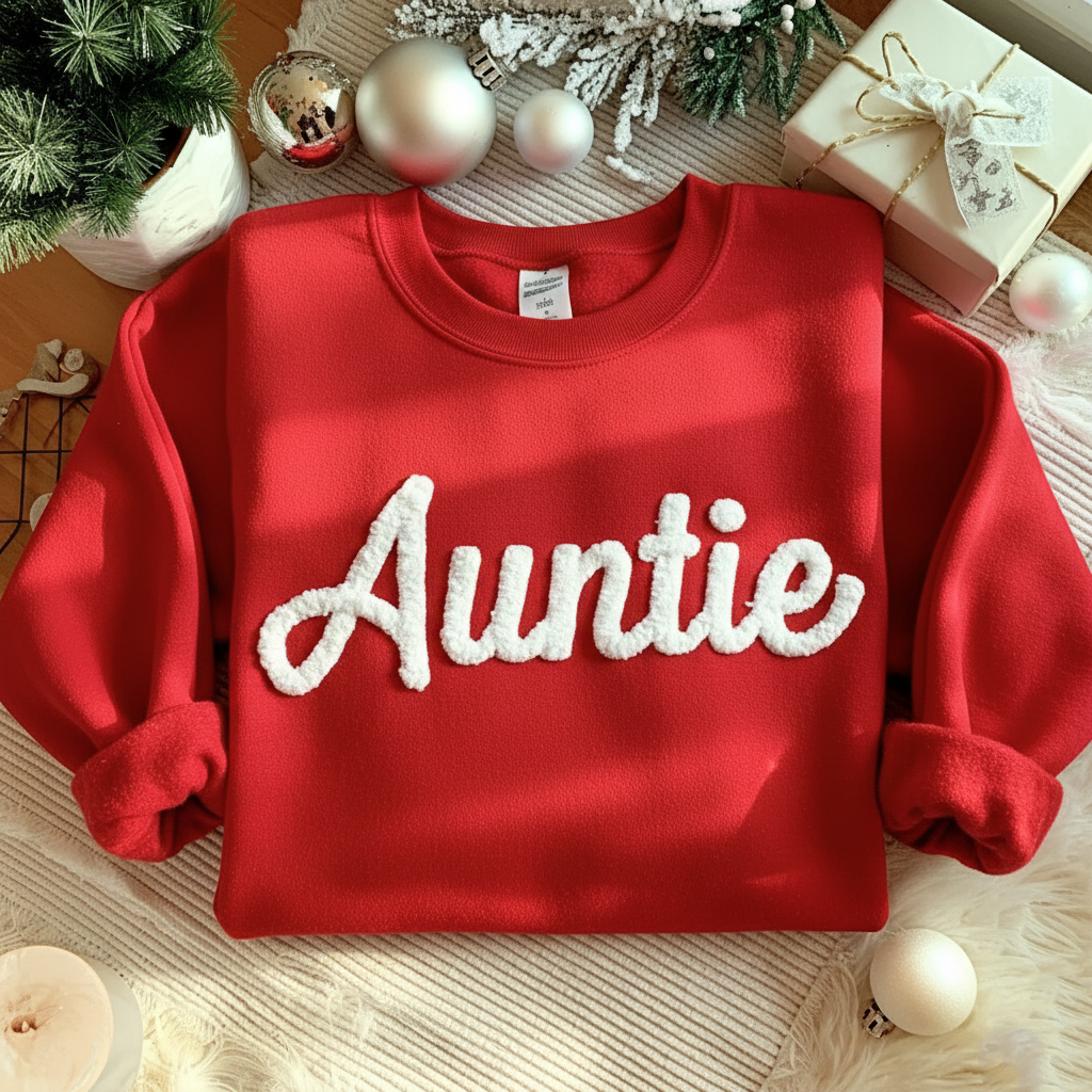 Auntie Chenille Yarn Embroidered Sweatshirt, Xmas Embroidery Shirt, Gift for Aunt, Family Matching, Christmas Gift For Aunty