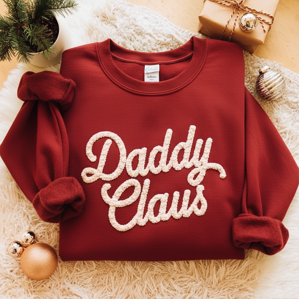 Daddy Claus Chenille Yarn Embroidered Sweatshirt, Dad Embroidery Shirt, Gift for Dad, Family Matching, Christmas Gift For Father