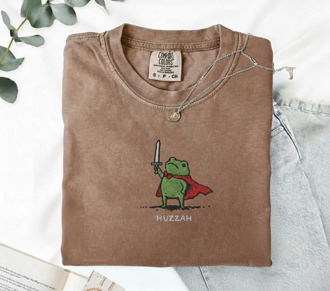 Huzzah Frog with Sword Tee, Embroidered Medieval Frog Shirt, Funny DnD Renaissance Gift