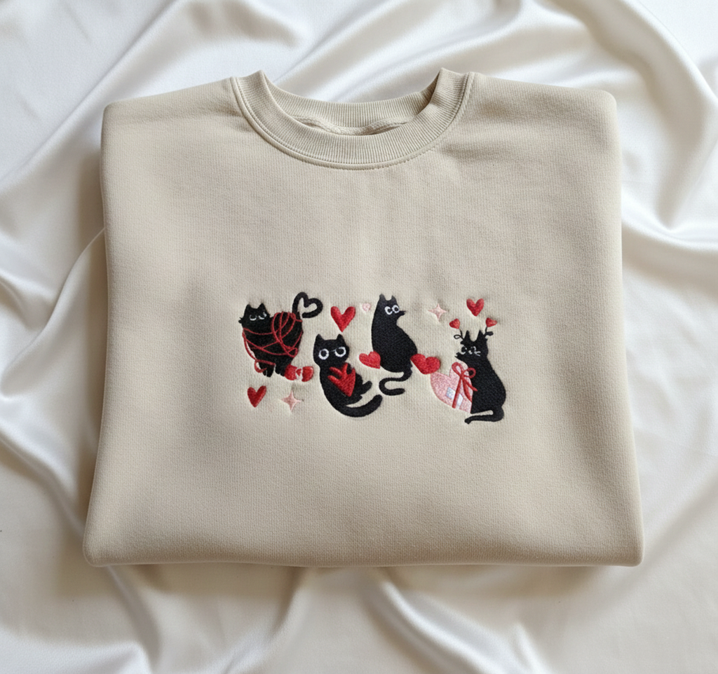 Valentine’s Black Cats Embroidered Sweatshirt, Cat Love Crewneck, XOXO Valentine Sweater