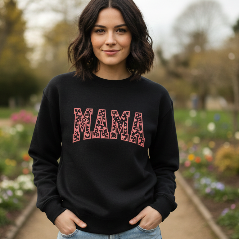MAMA Heart Letter Embroidered Sweatshirt, Mom Valentine Sweatshirt, Cozy Valentine’s Day Gift for Mom