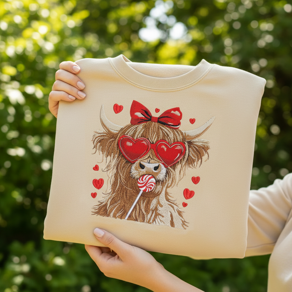 Highland Cow Embroidered Sweatshirt, Valentine Coquette Crewneck, Retro Heart Valentine Sweatshirt