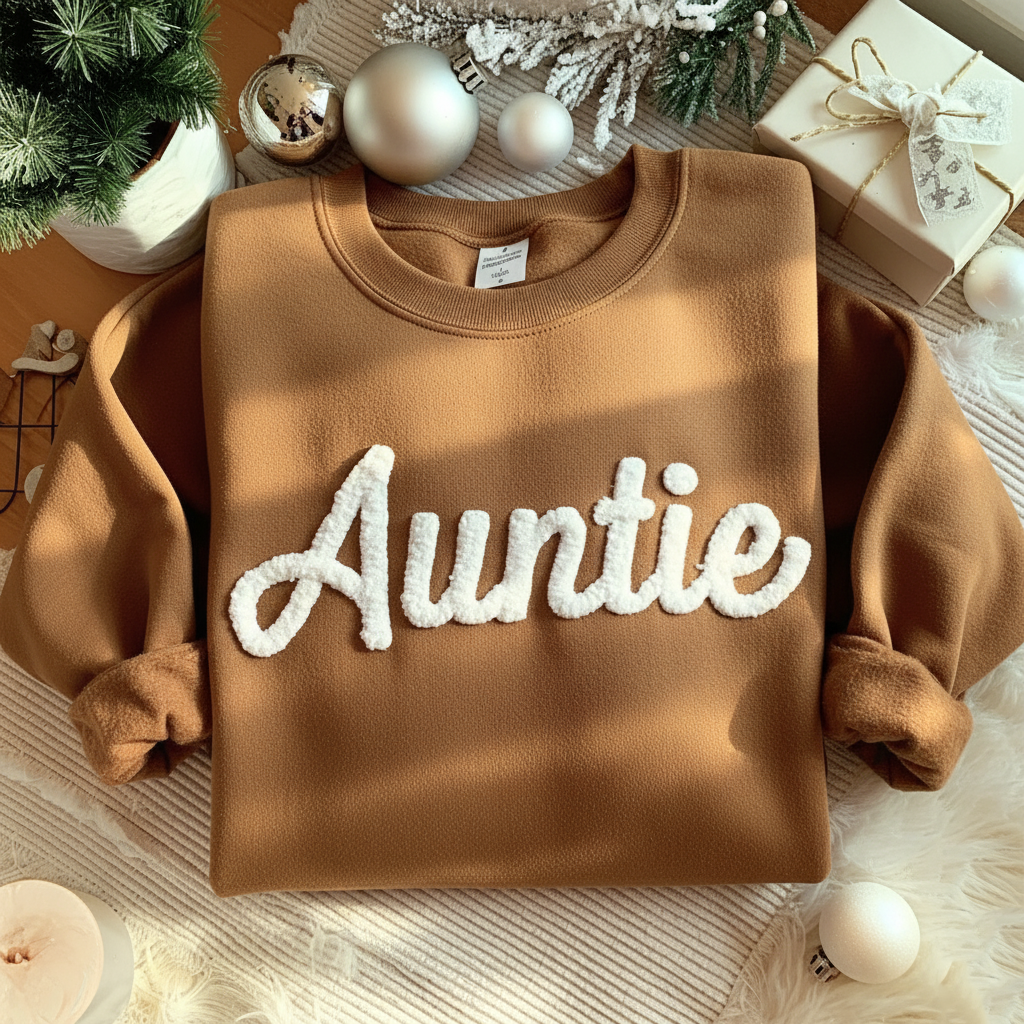 Auntie Chenille Yarn Embroidered Sweatshirt, Xmas Embroidery Shirt, Gift for Aunt, Family Matching, Christmas Gift For Aunty