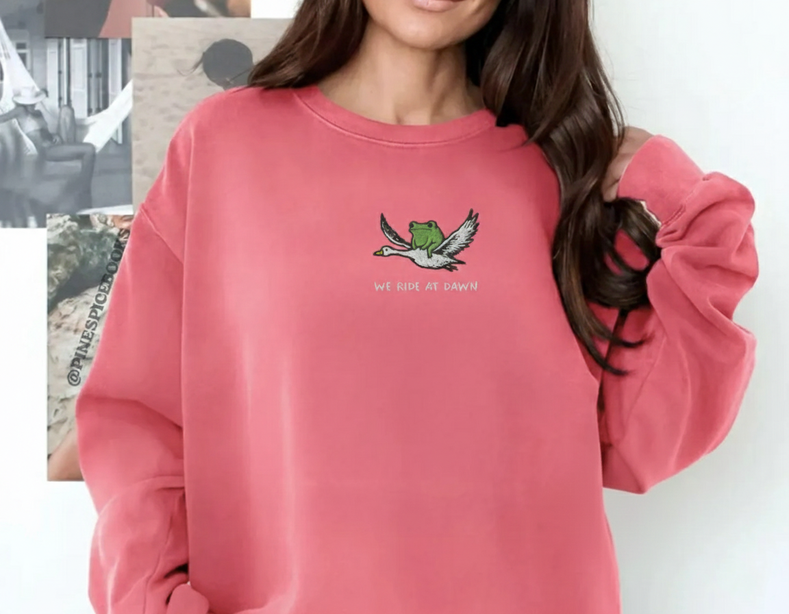 We Ride at Dawn Embroidered Sweatshirt, Frog & Goose Crewneck, Funny Medieval Gift
